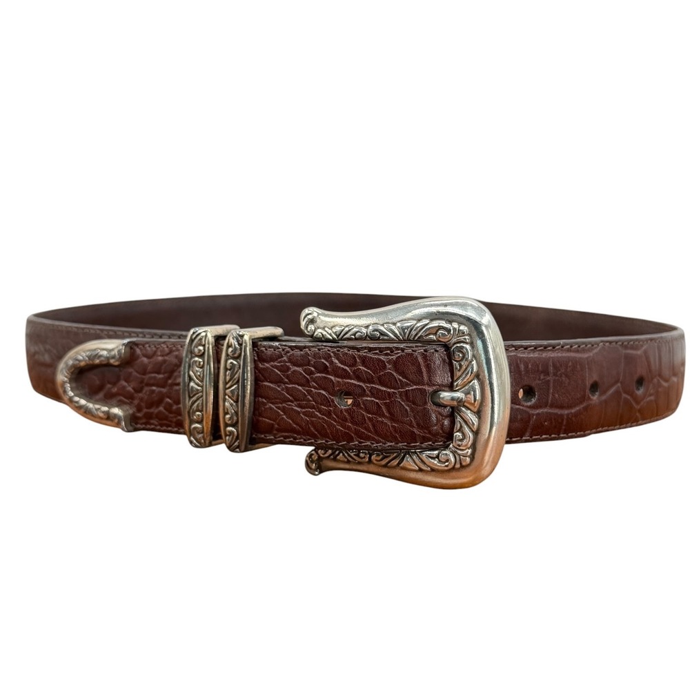 Brighton Leather Western Belt Women VTG SZ M Brown Croc Embossed Boho Cowgirl